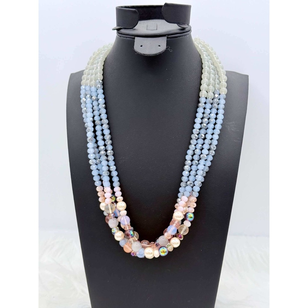 Talbots Womens Multistrand Beaded Statement Necklace Pastel Blue Pink Layered